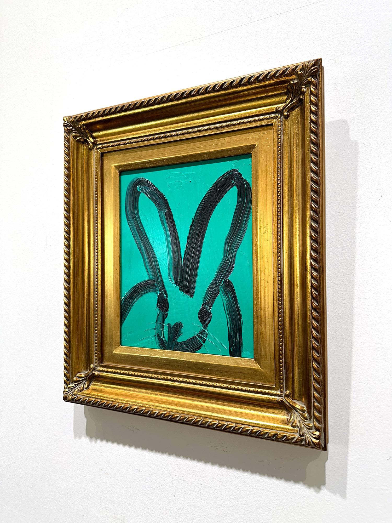 „Ireland“ Schwarzes Ölgemälde mit Outline- Bunny auf Smaragdgrünem Hintergrund, Holz im Angebot 8