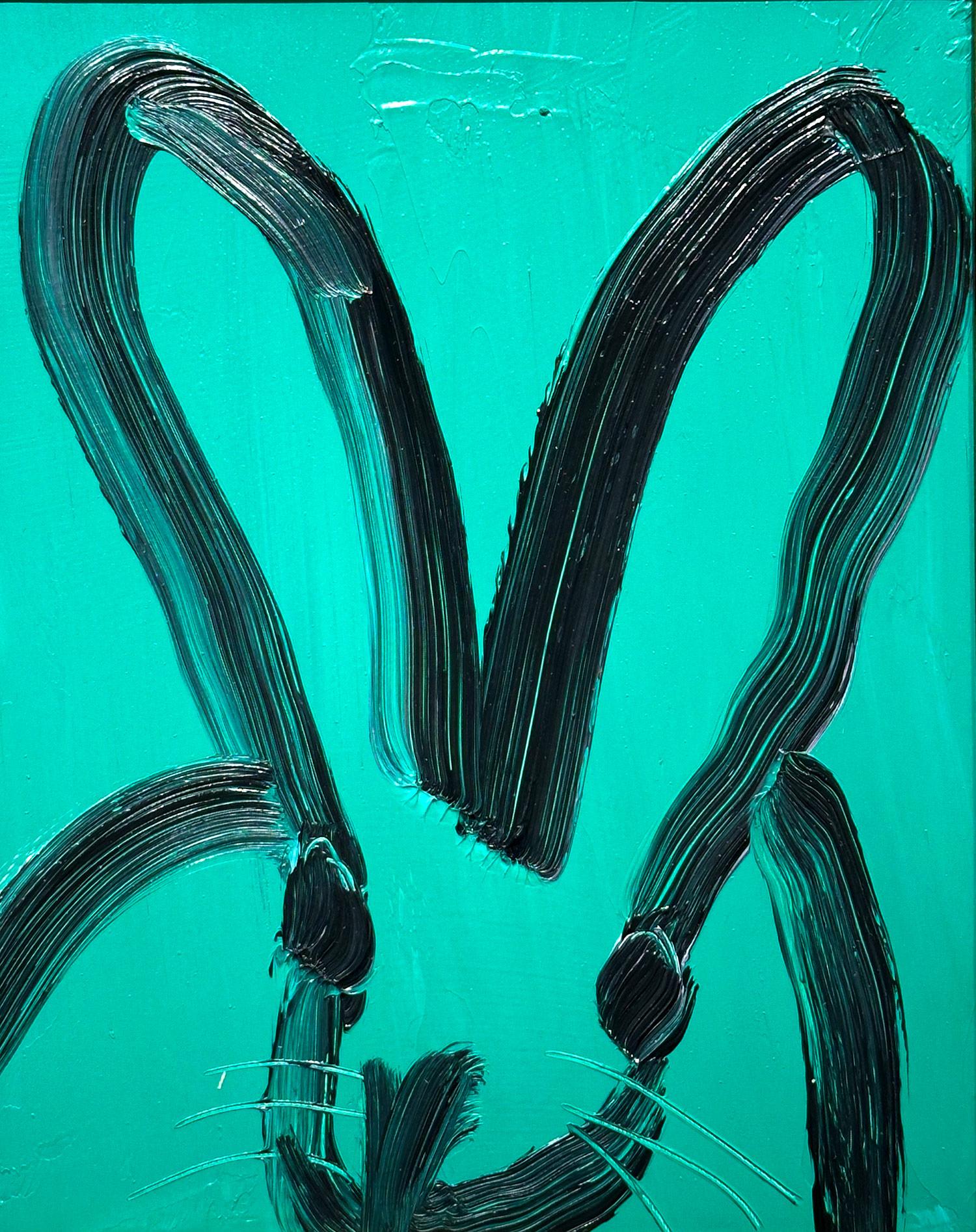 A wonderful composition of one of Slonem's most iconic subjects, Bunnies. This piece depicts a gestural figure of a black bunny on an Emerald green background with thick use of paint. Inspired by nature and a genuine love for animals, Slonem's