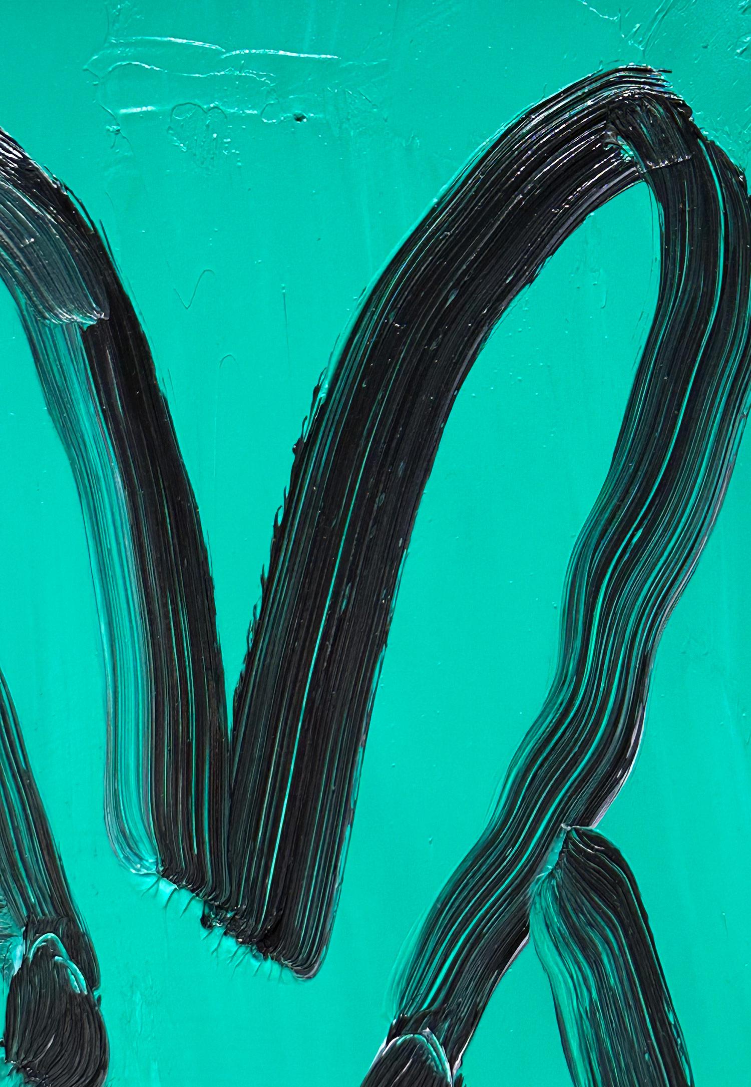 „Ireland“ Schwarzes Ölgemälde mit Outline- Bunny auf Smaragdgrünem Hintergrund, Holz (Neue Wilde), Painting, von Hunt Slonem