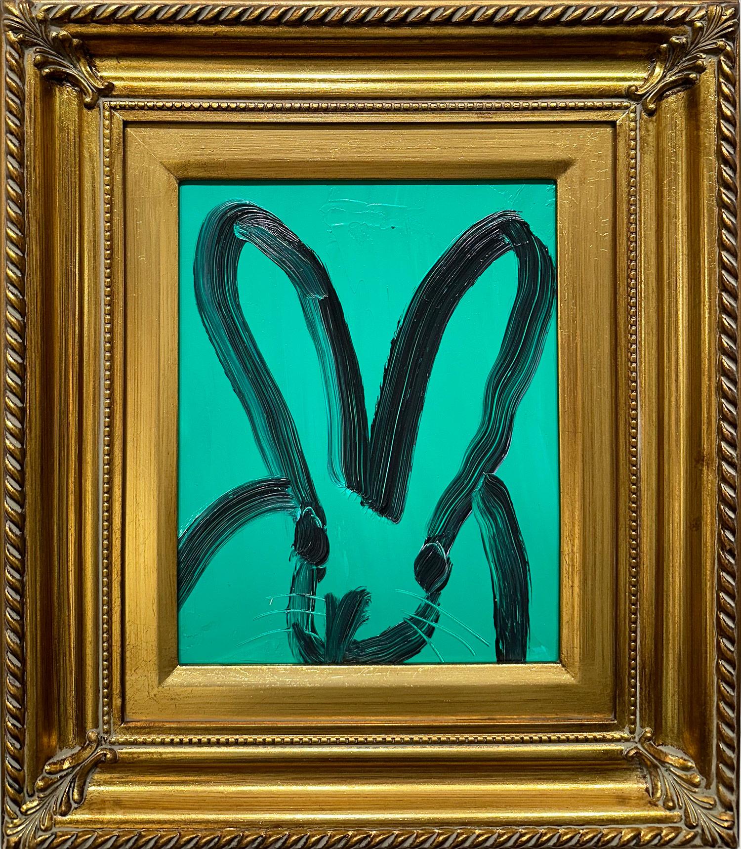 Hunt Slonem Animal Painting – „Ireland“ Schwarzes Ölgemälde mit Outline- Bunny auf Smaragdgrünem Hintergrund, Holz