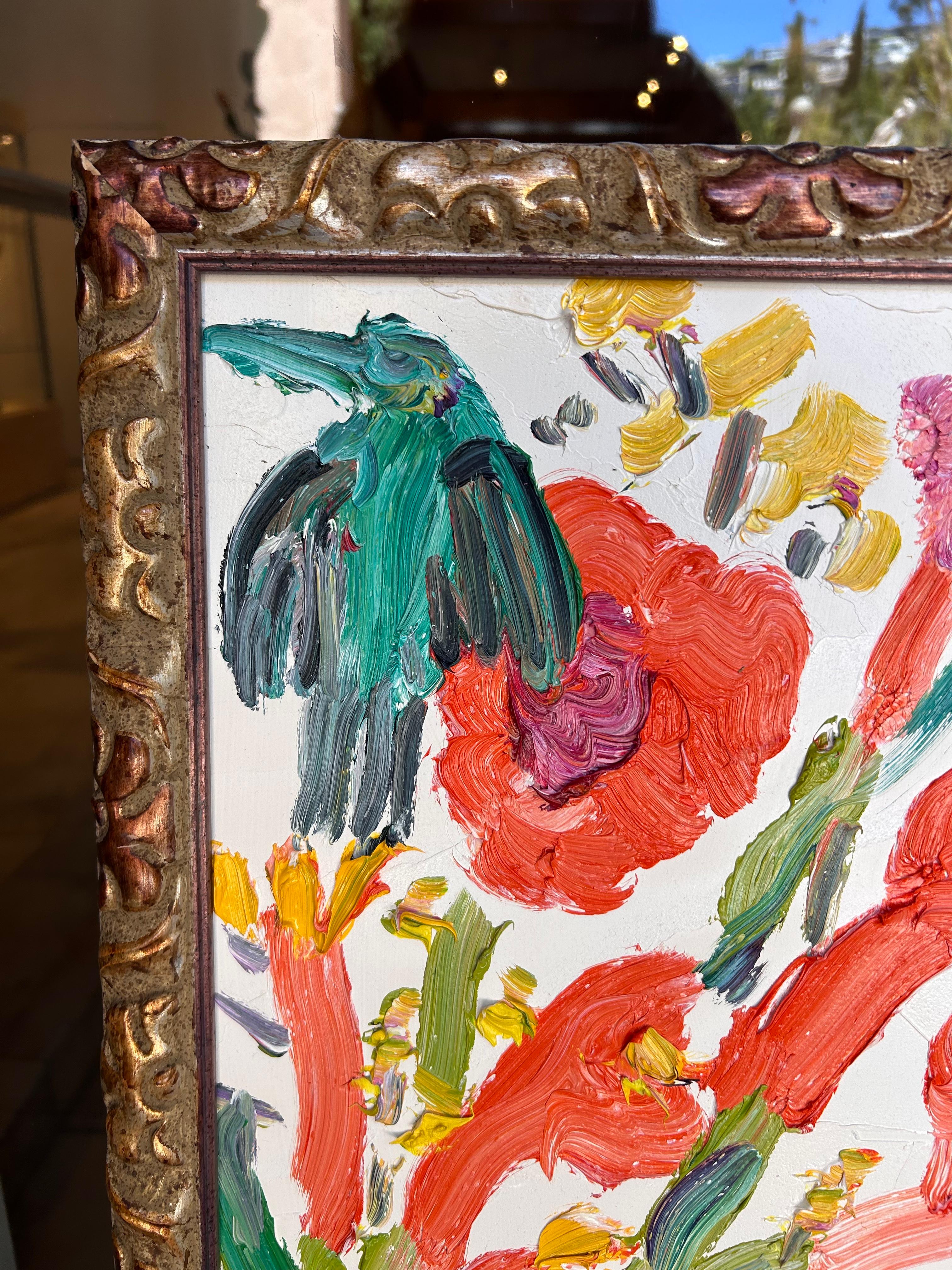 Iris, colibrì trombetta - Abstract Painting Marrone di Hunt Slonem