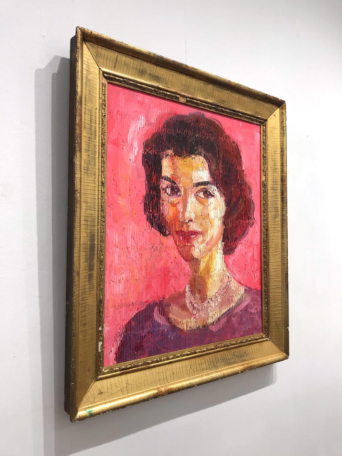 Neo-Expressionistisches Ölgemälde „Jackie Kennedy“ mit rosa Hintergrund auf Holzplatte 6