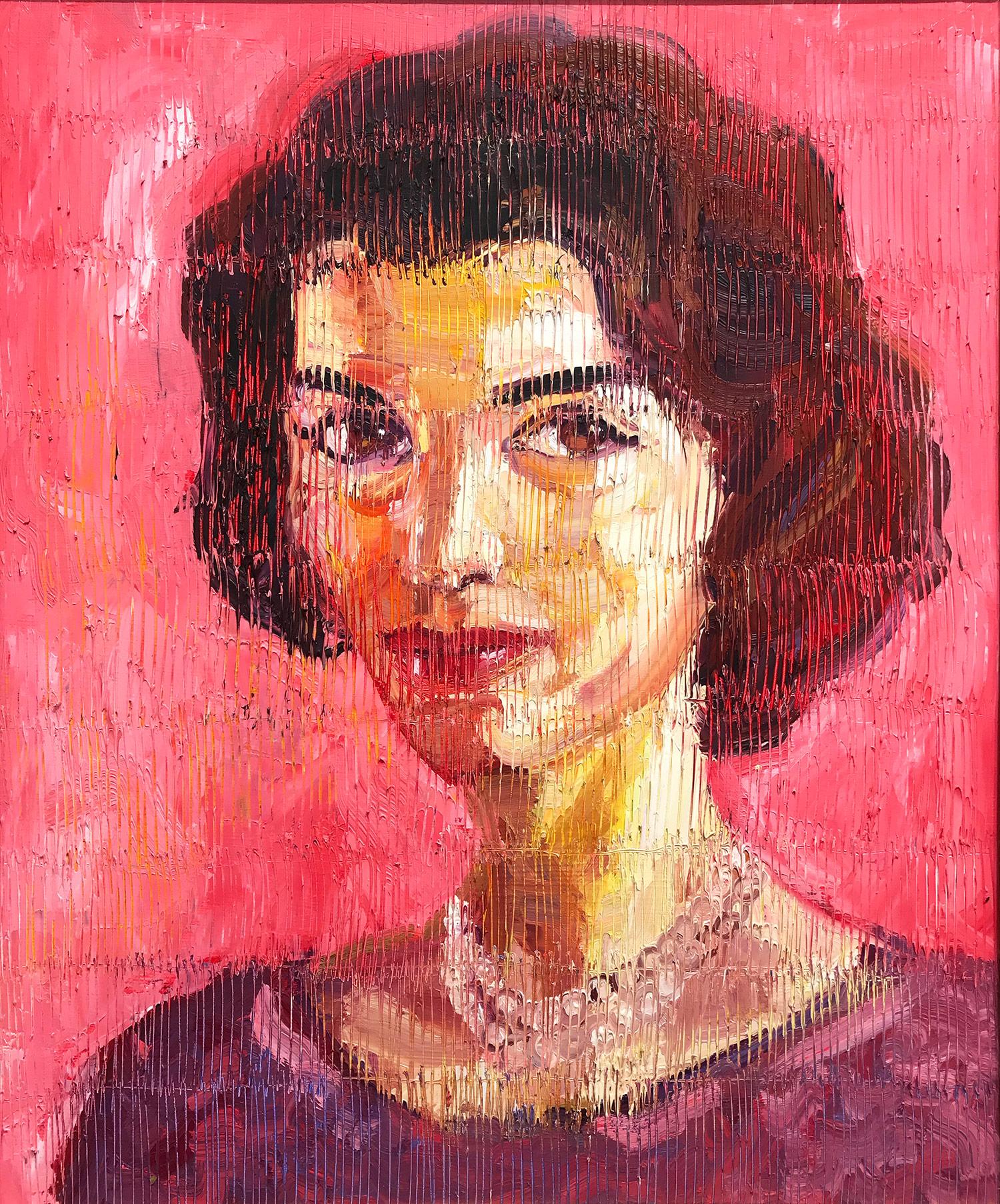 Neo-Expressionistisches Ölgemälde „Jackie Kennedy“ mit rosa Hintergrund auf Holzplatte – Painting von Hunt Slonem
