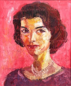"Jackie Kennedy" Neo-Expressionist Oil Painting in Pink Background on Wood Panel