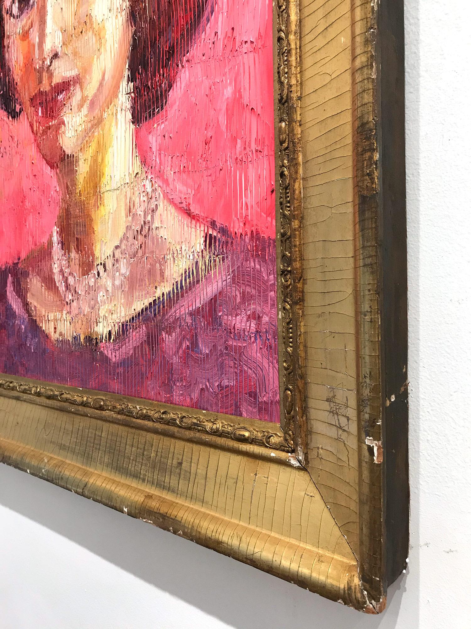 Neo-Expressionistisches Ölgemälde „Jackie Kennedy“ mit rosa Hintergrund auf Holzplatte 3