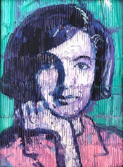 "Jackie Kennedy" Neo-Expressionist Oil Painting in Turquoise Background on Wood