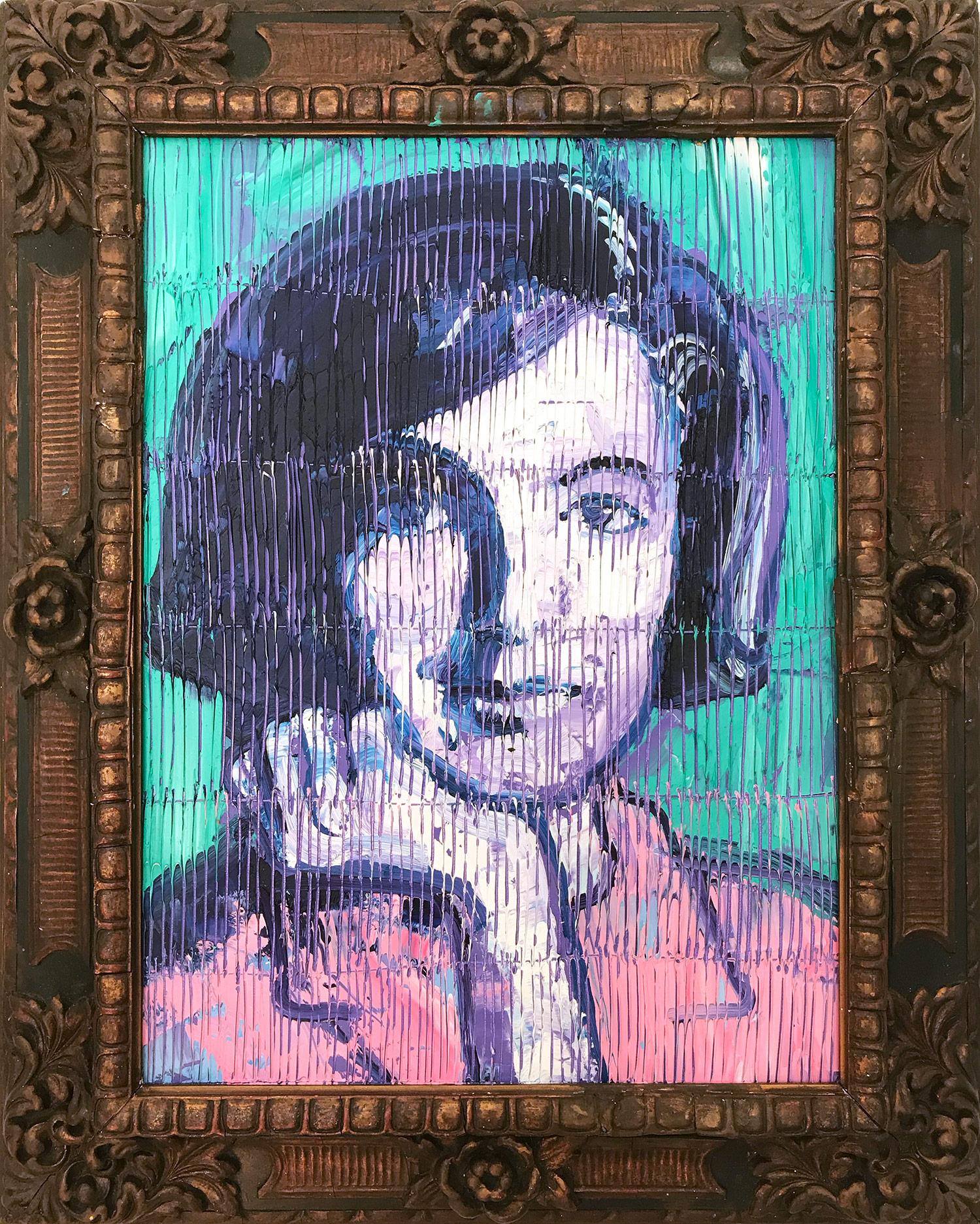 Hunt Slonem Portrait Painting - "Jackie Kennedy" Neo-Expressionist Oil Painting in Turquoise Background on Wood