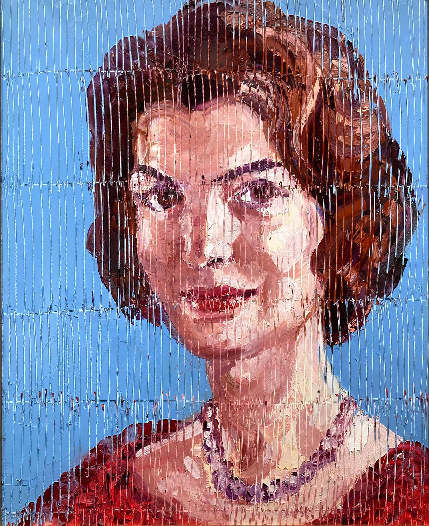 A wonderful composition of one of Slonem's most iconic subjects of Jackie O. The thick use of paint is greatly recognizable as he slathers on layer after layer of sky blue oil paint, done with crosshatch details. This painting is signed and dated on
