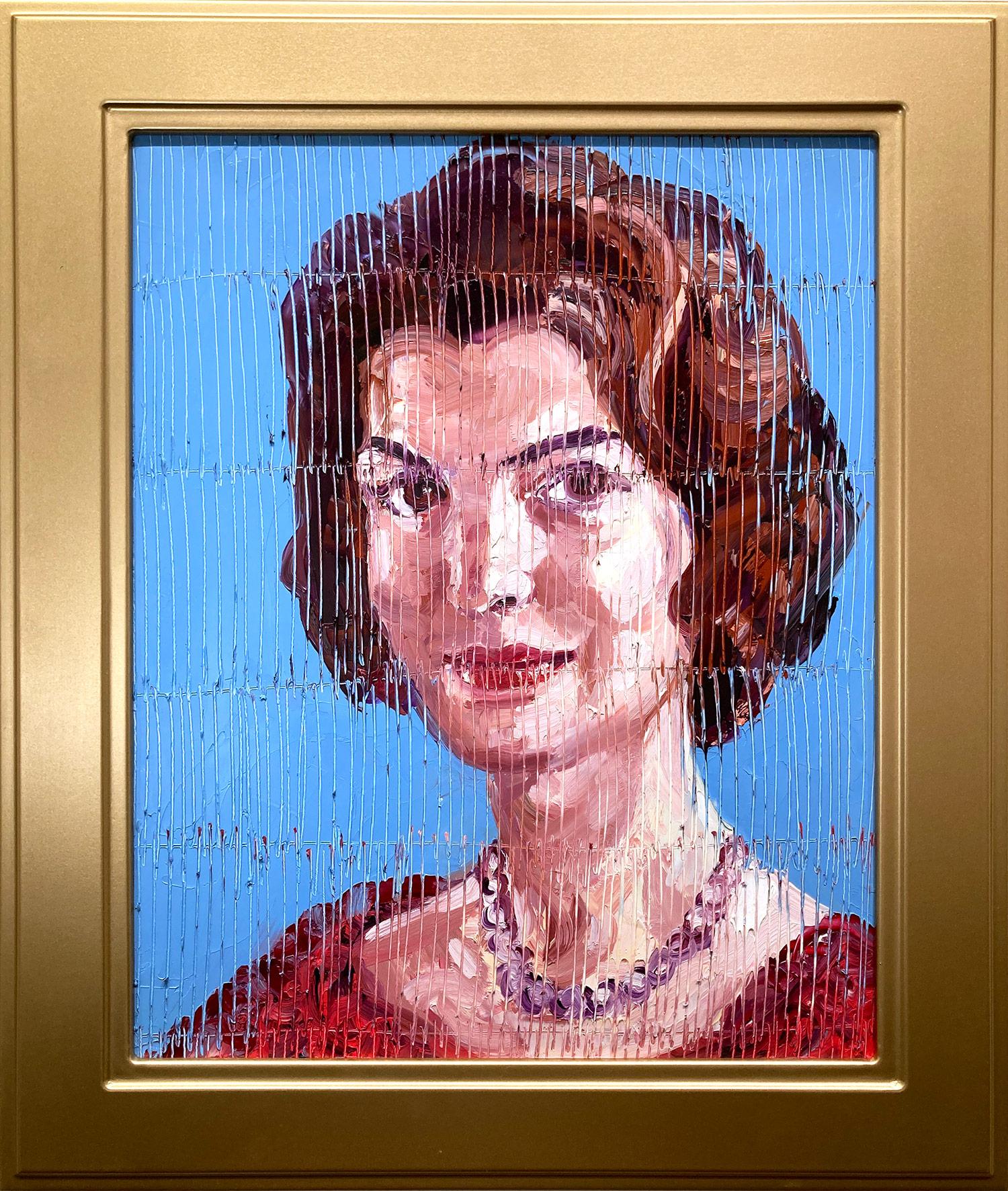 Hunt Slonem Portrait Painting - "Jackie O" Neo-Expressionist Oil Painting in Blue Background on Wood Panel