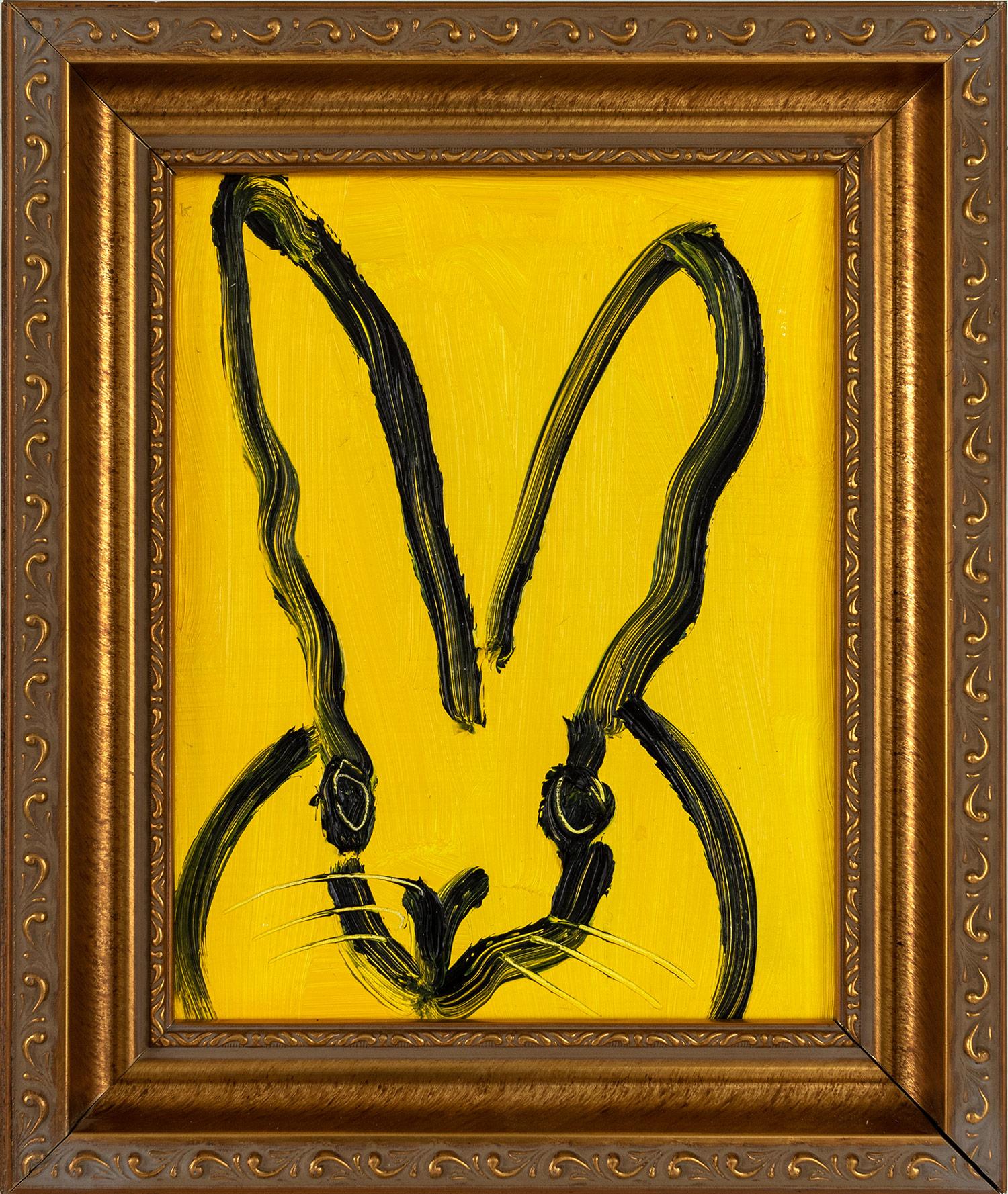 Hunt Slonem Abstract Painting - Jackie O - Yellow (Bunny on Royal Yellow) Oil Painting on Wood Panel