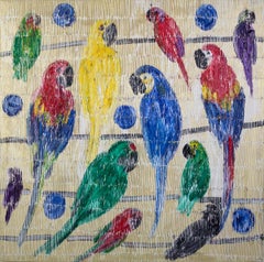 Jamaica "Parrot Painting" Colorful Parrots Gold, Blue, Yellow, Red
