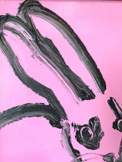 "Jane" (Black Bunny on Pink Background Oil Painting on Wood Panel)