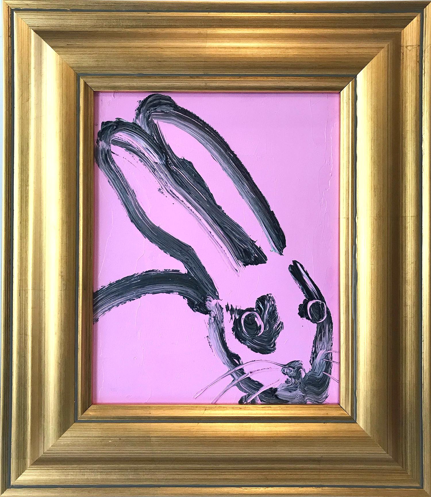 Hunt Slonem Animal Painting - "Jane" (Black Bunny on Pink Background Oil Painting on Wood Panel)