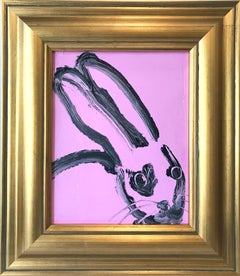 "Jane" (Black Bunny on Pink Background Oil Painting on Wood Panel)