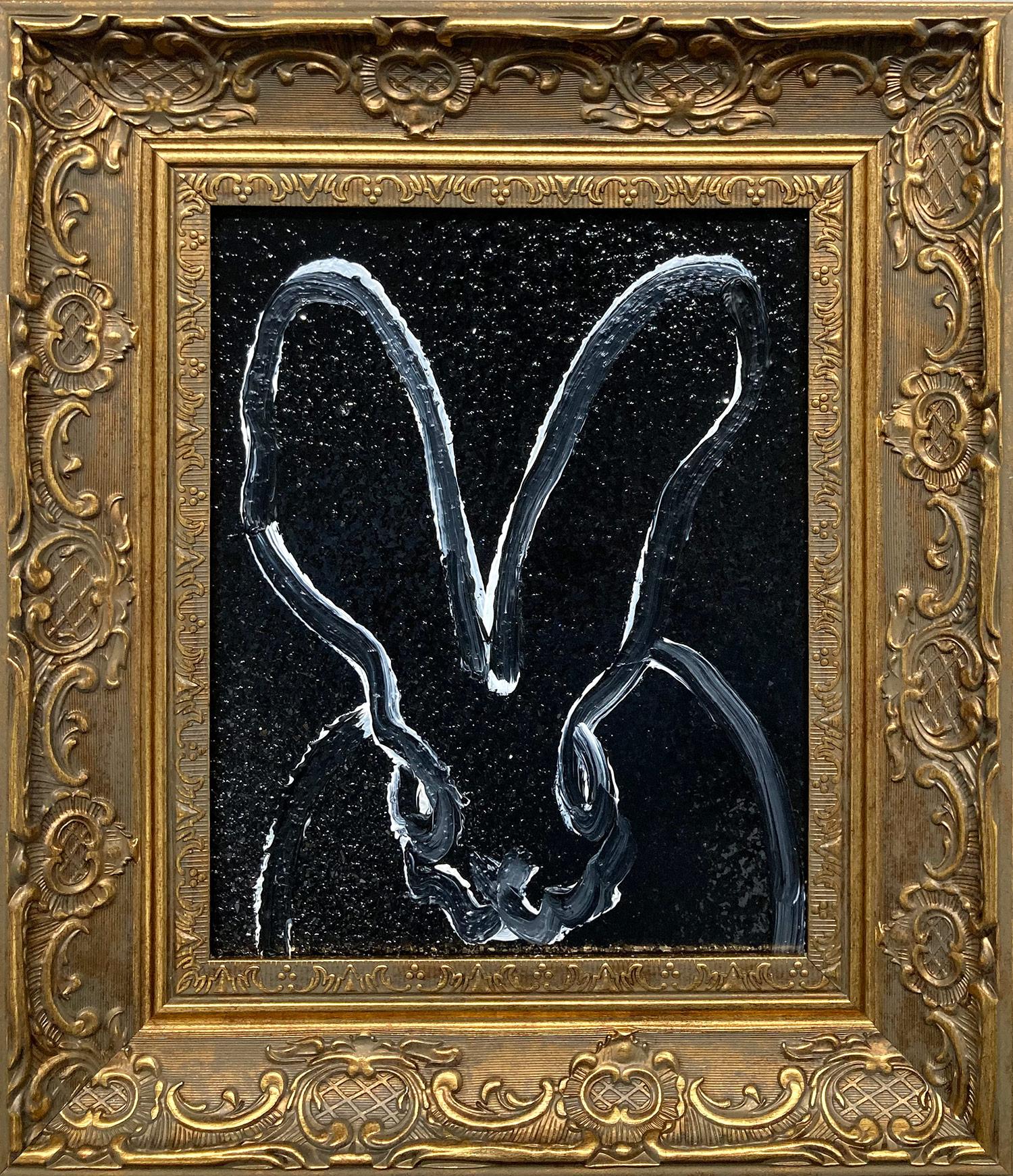 "Jeffrey" White Outline Bunny on Black Background Diamondust Oil Painting Framed