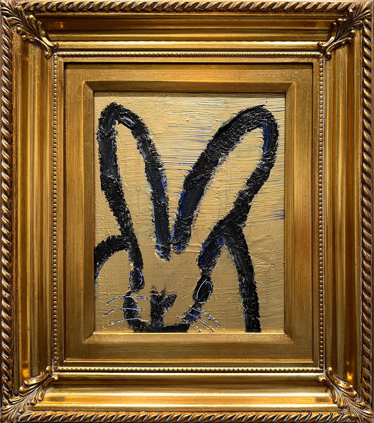 Hunt Slonem Animal Painting - "Joy" Black Bunny on Golden Background with Cobalt Blue Accents