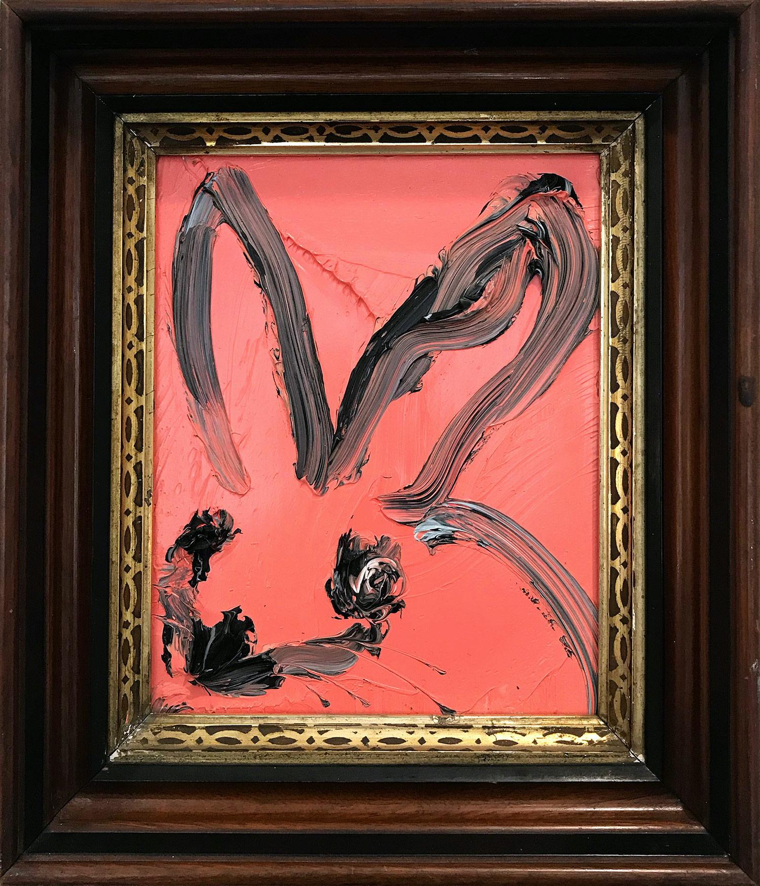 Hunt Slonem Animal Painting - "Joy" (Bunny on Peach Background) Oil Painting on Wood Panel