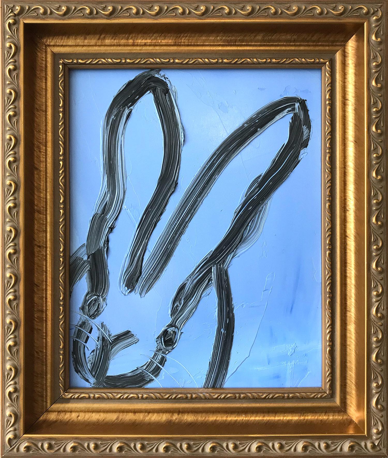 Hunt Slonem Animal Painting - "Jules" (Black Outlined Bunny on Blue Background Oil Painting on Wood Panel)