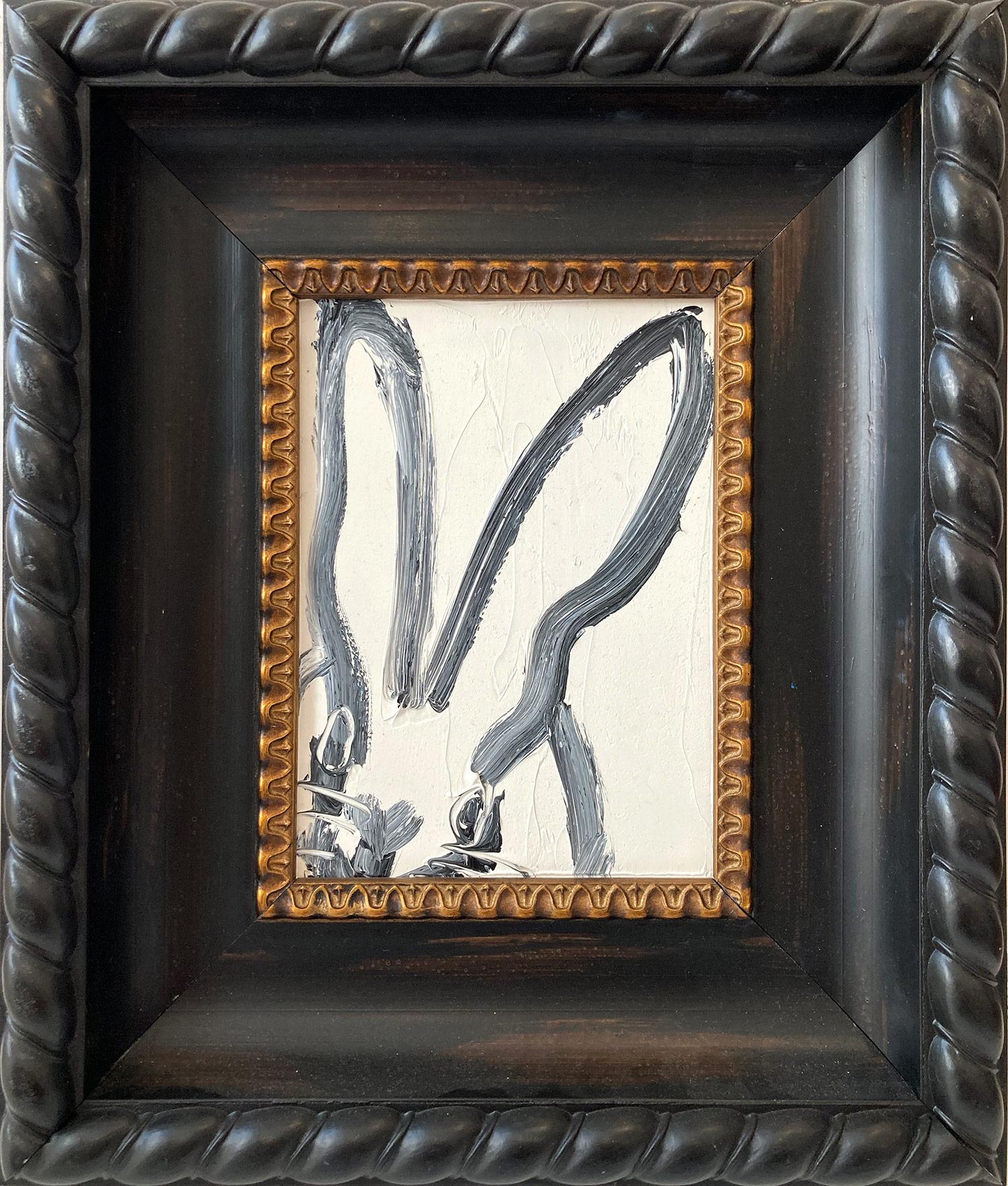 Hunt Slonem Abstract Painting - "Julia" (Black Outlined Bunny on White Background Oil Painting on Wood Panel)