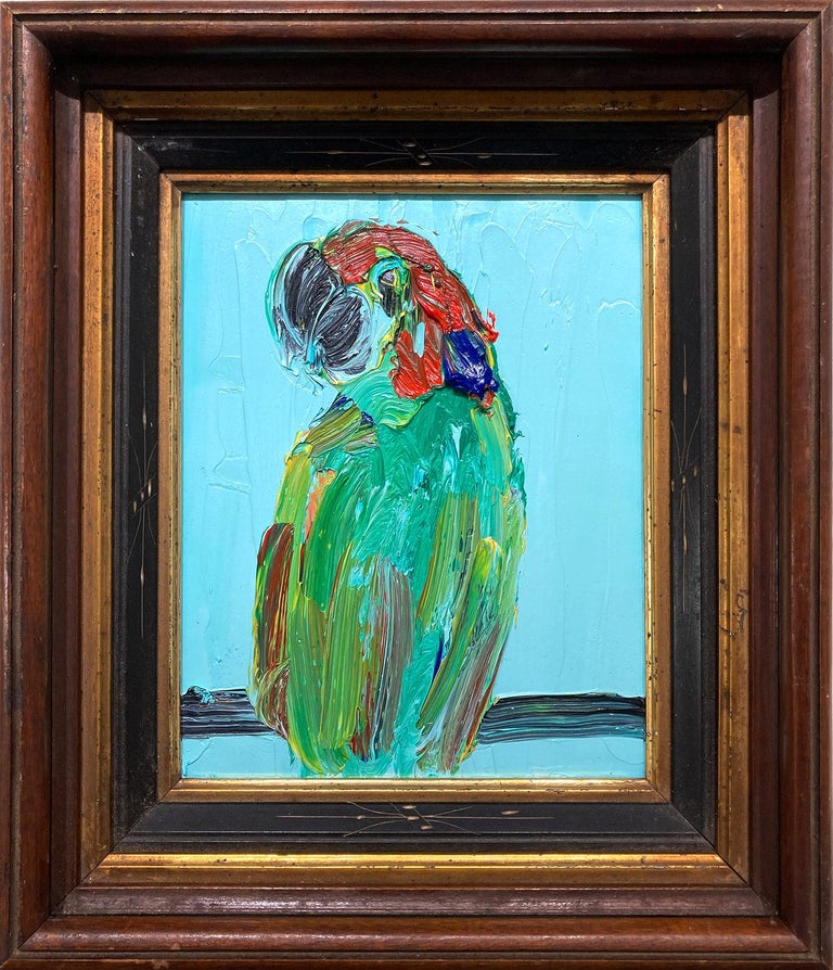 Hunt Slonem "Julio 3" Green Parrot on Light Blue Background on Wood