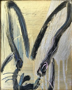 "Lady Marion" (Black Bunny on Gold and Silver Background Blue and Pink Accents)