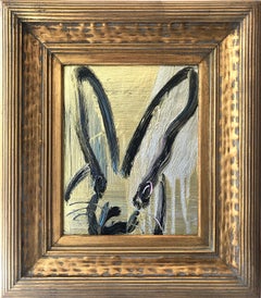 "Lady Marion" (Black Bunny on Gold and Silver Background Blue and Pink Accents)