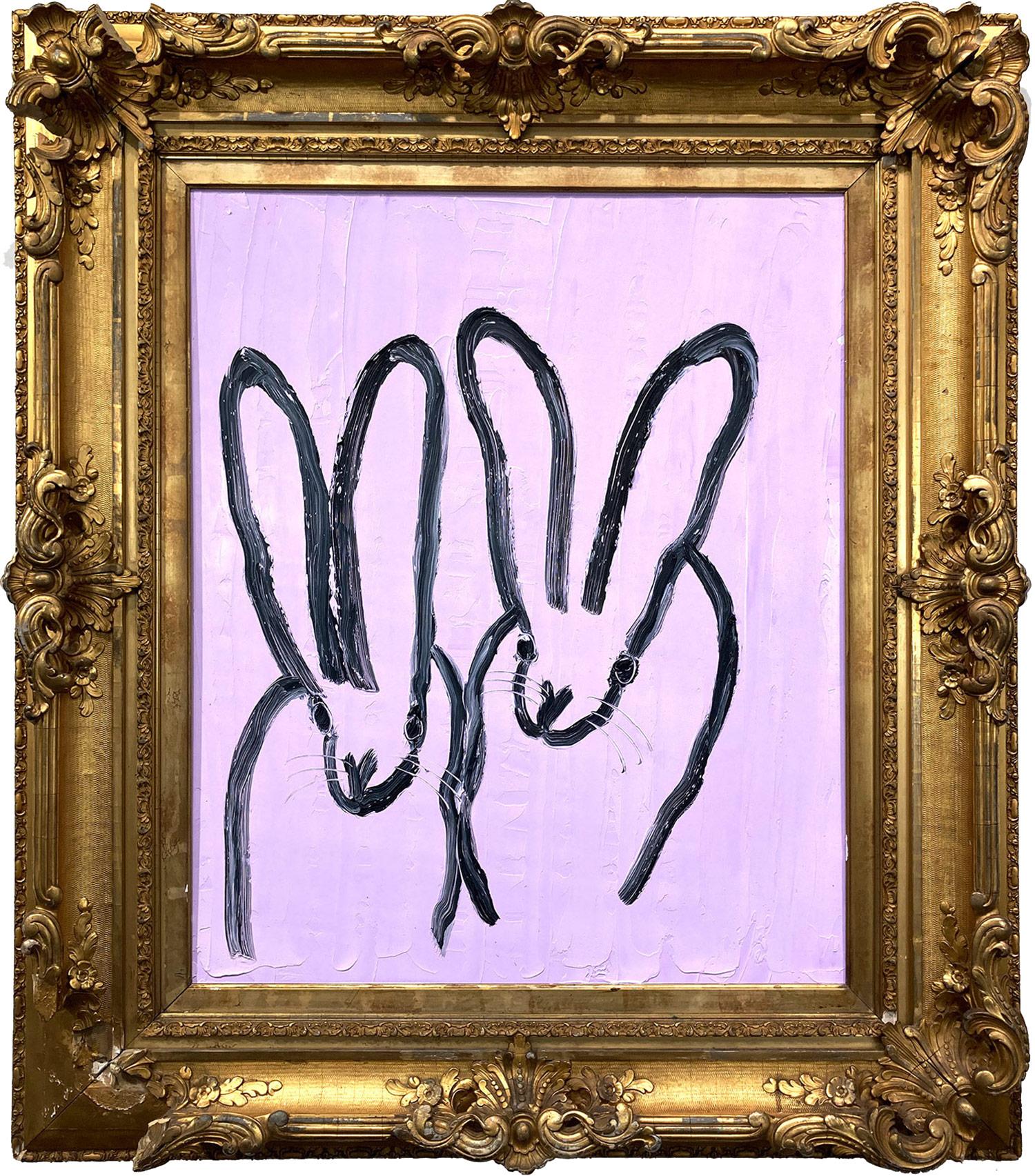 Hunt Slonem Abstract Painting - "Lavendar" 2 Bunnies on Lavender Background Oil Painting in Antique Frame