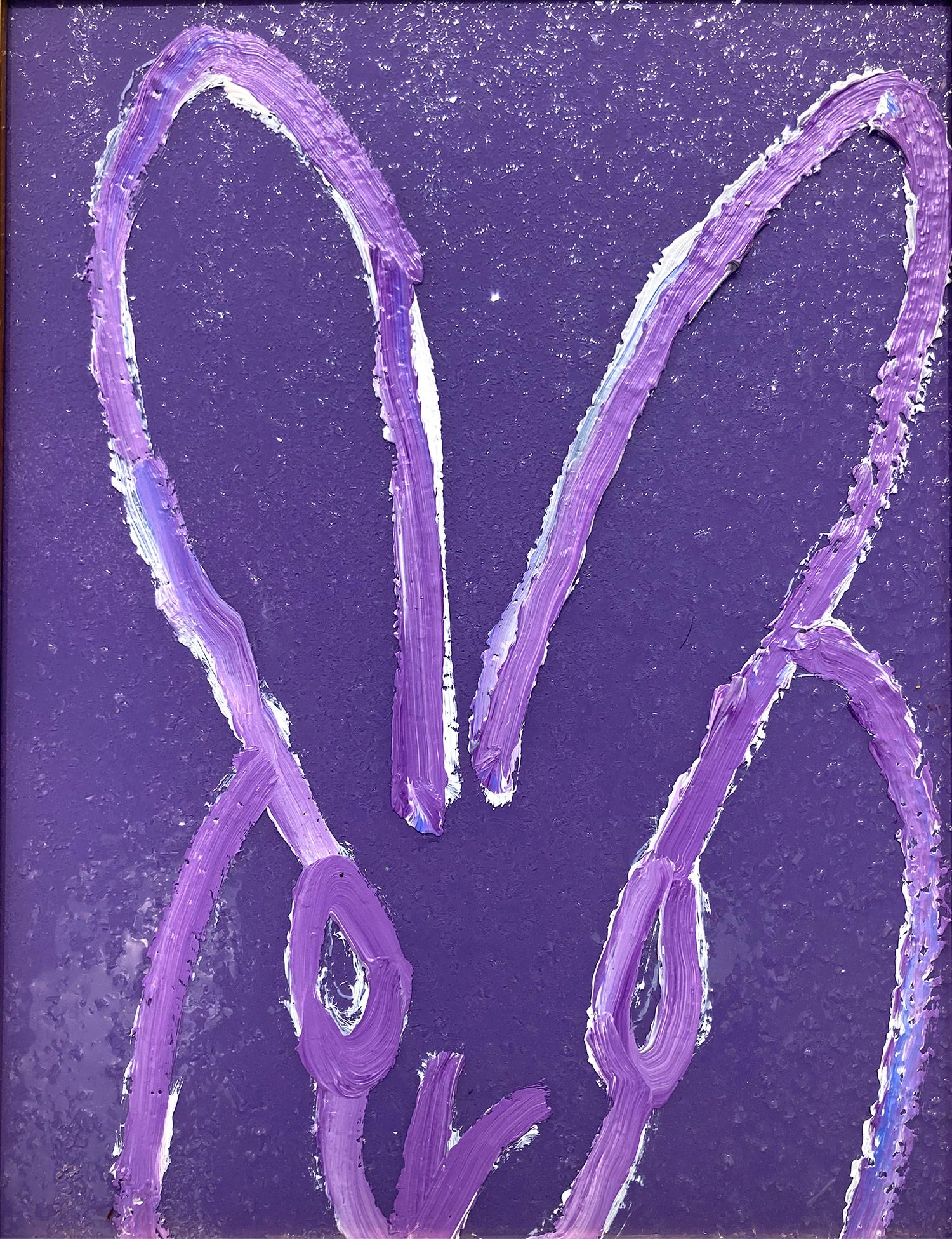 A wonderful composition of one of Slonem's most iconic subjects, Bunnies. This piece depicts a gestural figure of a black bunny on a Purple Lavender background with thick use of paint and diamond dust. It is housed in a wonderful antique style