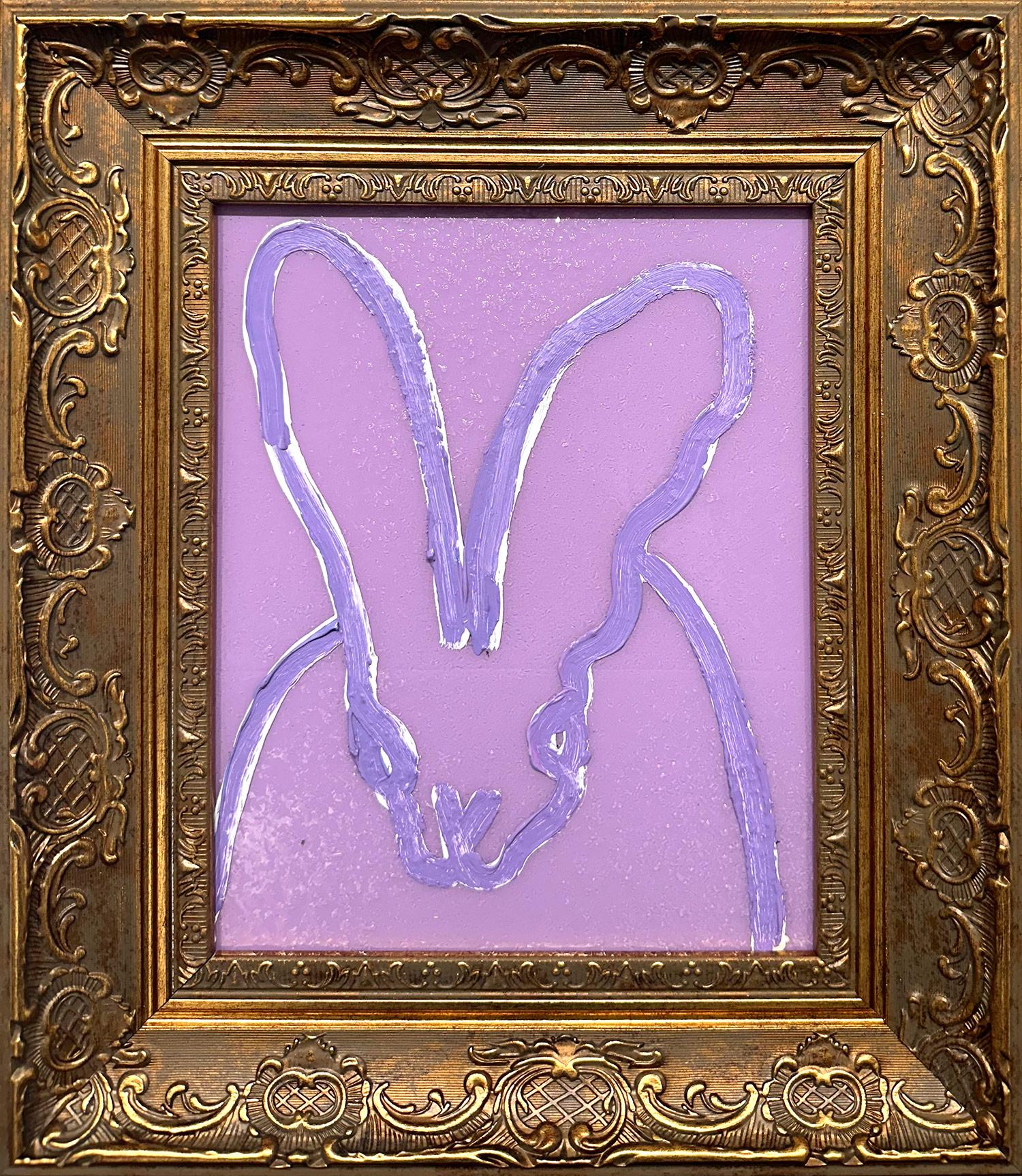 "Nebbia di lavanda 2" Coniglietto su sfondo di polvere di diamante color lavanda Pittura ad olio con cornice