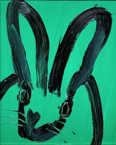 "Lawn Romp" Schwarzer Umriss Hase auf Aqua Grün Ölgemälde auf Holzplatte Gerahmt