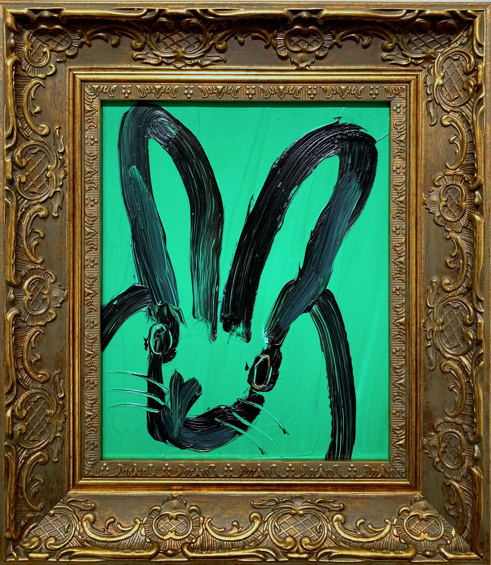 "Lawn Romp" Schwarzer Umriss Hase auf Aqua Grün Ölgemälde auf Holzplatte Gerahmt