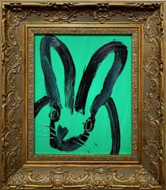 "Lawn Romp" Schwarzer Umriss Hase auf Aqua Grün Ölgemälde auf Holzplatte Gerahmt