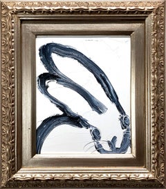 "Left" Black Bunny on White Background Oil Painting on Wood Panel Framed
