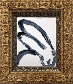 „Left“ Schwarzer Hase auf weißem Hintergrund, Ölgemälde auf Holzplatte, gerahmt