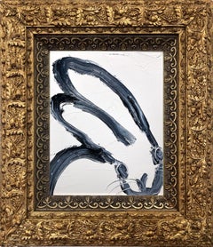 "Left" Black Bunny on White Background Oil Painting on Wood Panel Framed