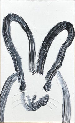 "Less" Black Bunny on White Background Oil Painting in Antique Frame