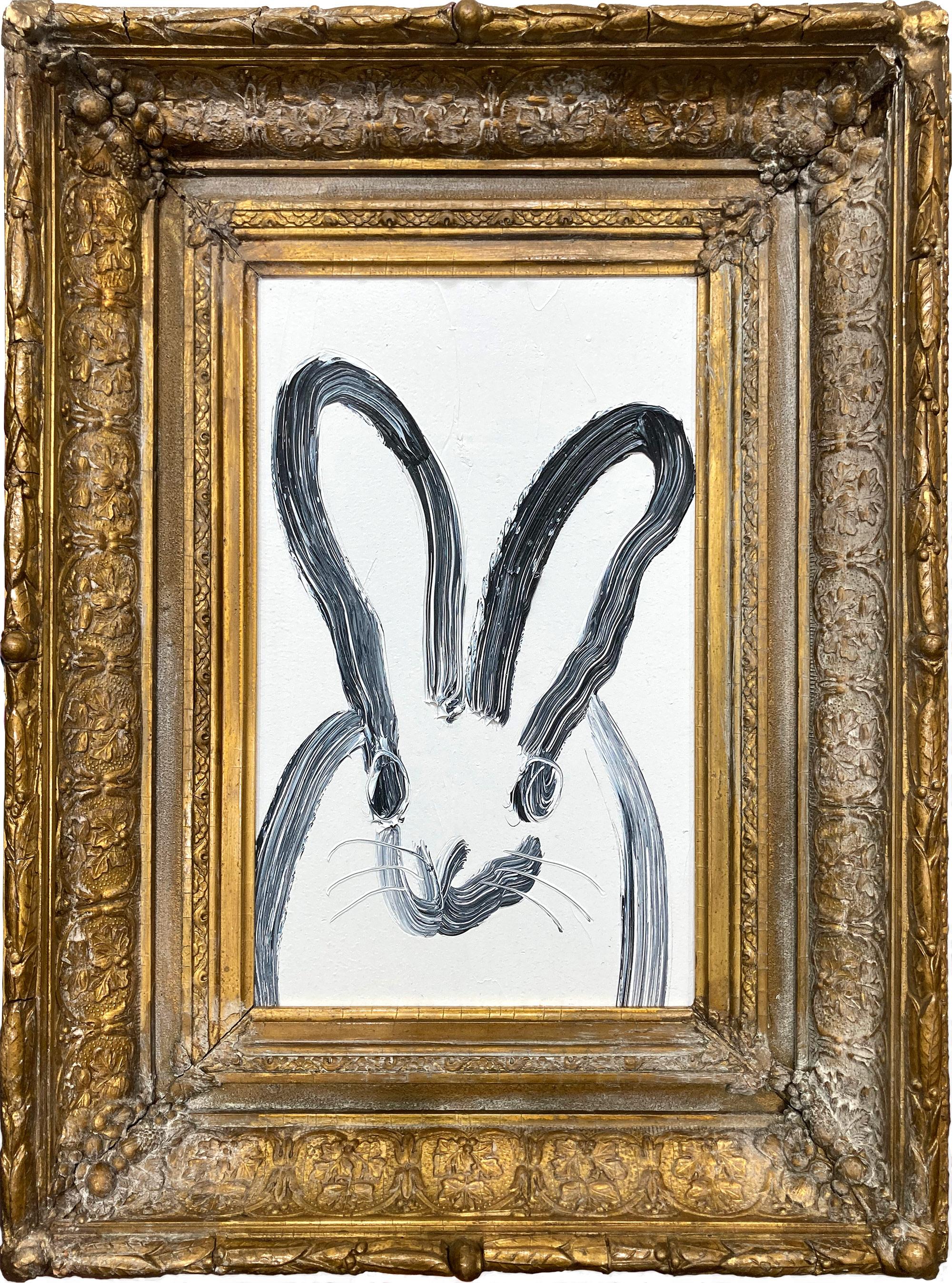 "Less" Black Bunny on White Background Oil Painting on Wood with Antique Frame