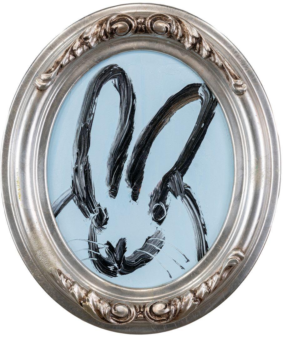 Hunt Slonem Animal Painting - Light Blue and Black Bunny Original Oil Painting in Vintage Frame