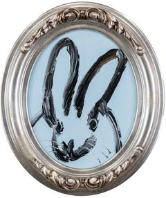 Light Blue and Black Bunny Original Oil Painting in Vintage Frame