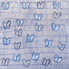 Peinture à l'huile sur bois bleu clair et papillons argentés