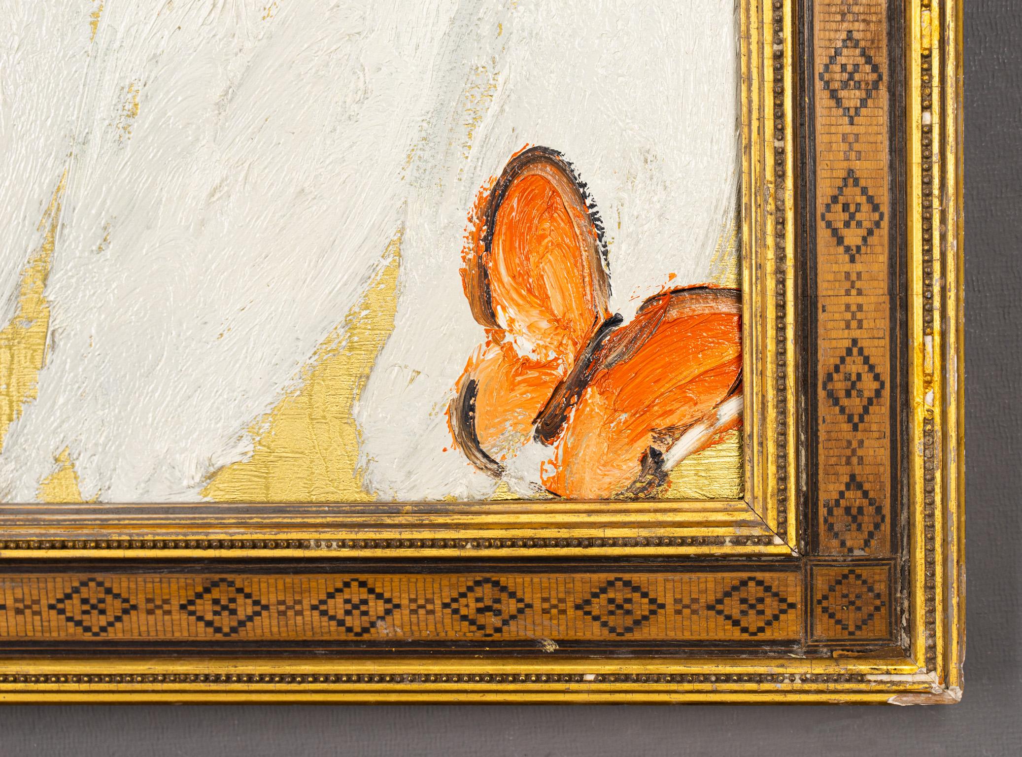This oil painting on wood by Hunt Slonem is framed in an antique frame with patina. The price reflects the framed piece. Unframed dimensions: 36 x 45.75 inches.  

Inspired by nature and his 60 pet birds, Hunt Slonem is renowned for his distinct