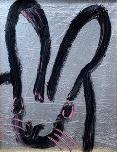 "Line Dance" Black Bunny on Silver Background Pink Accents Oil Painting on Wood