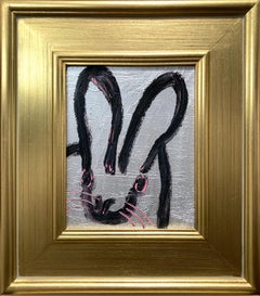 "Line Dance" Black Bunny on Silver Background Pink Accents Oil Painting on Wood