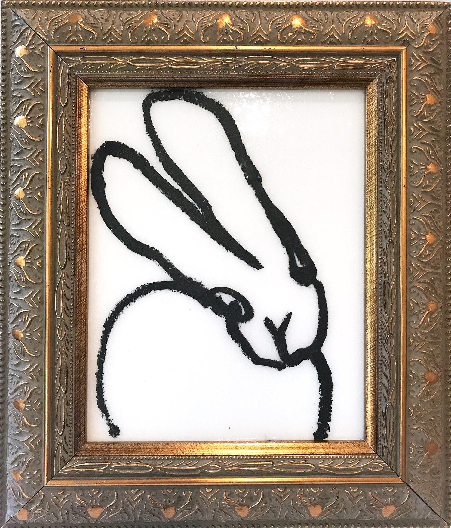 Hunt Slonem Abstract Painting - "Line Dance" (Black Outlined Bunny on White Diamond Dust Background)