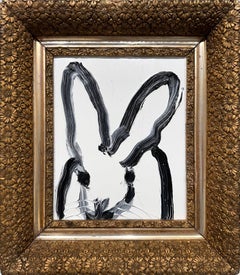 "Lionel" Black Bunny on White Background Oil Painting on Wood Panel Framed
