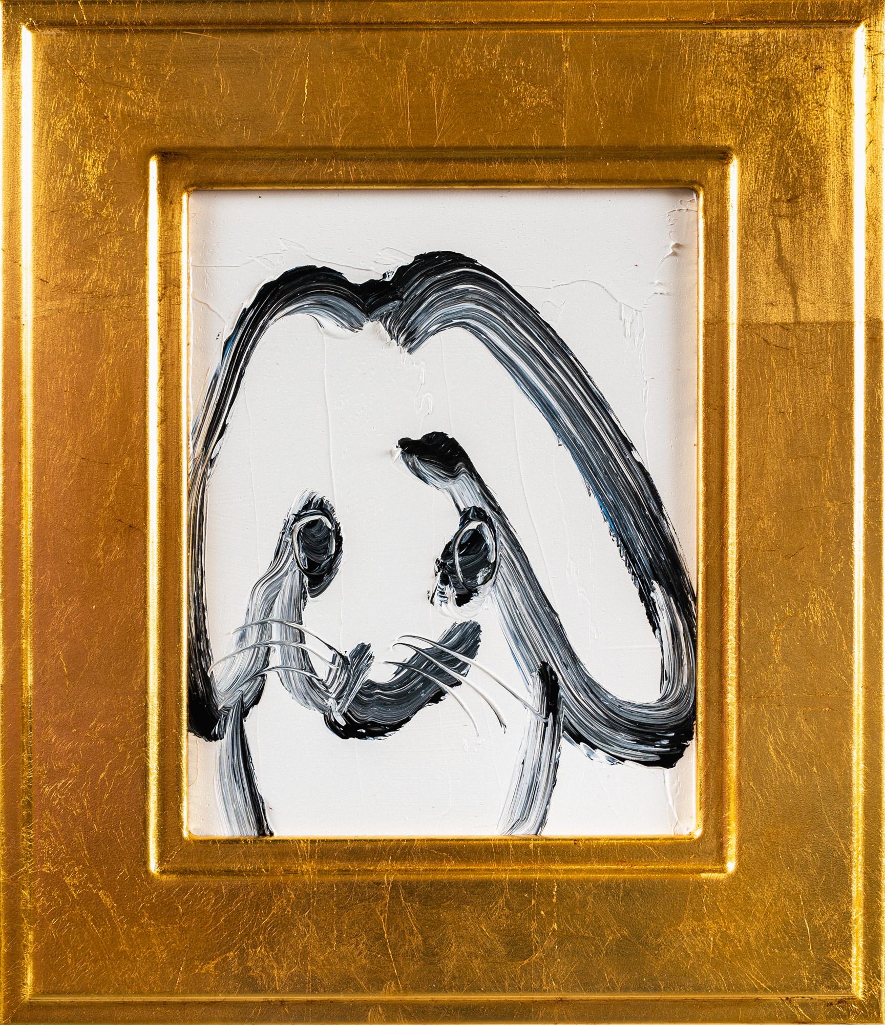 "Lop Ear" Neo-Expressionist Monochromatic Bunny Framed Oil on Wood Painting