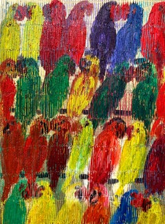 "Lories Avalon Casino" Multicolored Birds with Gold Background Oil Painting