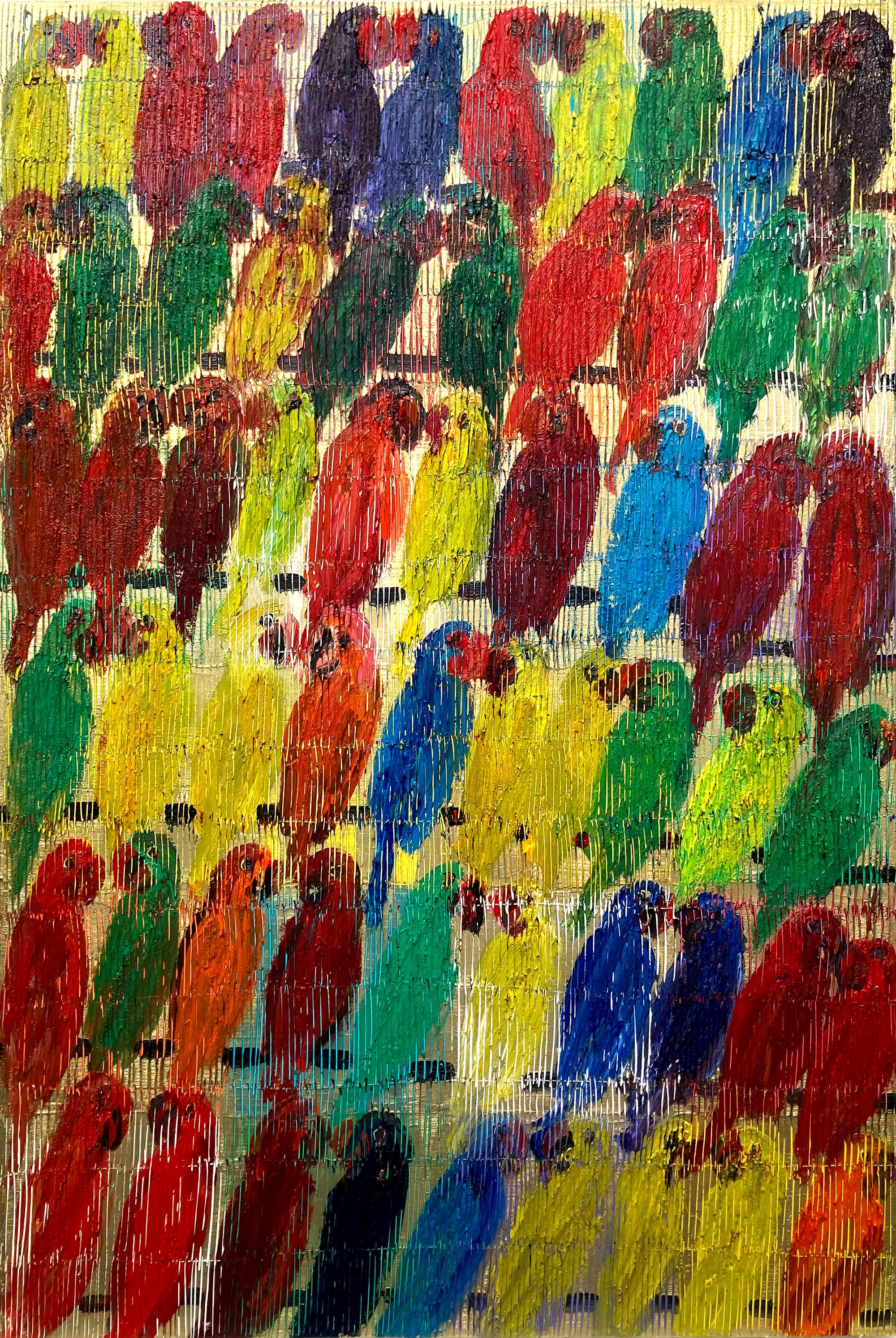 "Lories Avalon Casino" Multicolored Birds with Gold Background Oil Painting