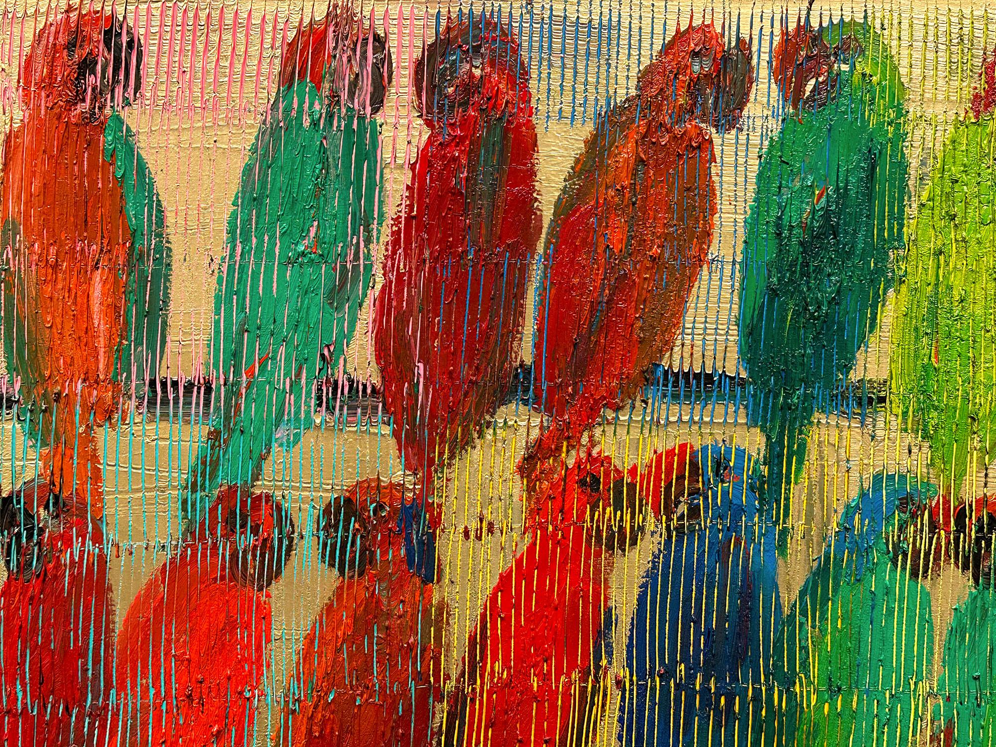 A wonderful composition of one of Slonem's most iconic subjects of Cockatoos. The thick use of paint is greatly recognizable as he slathers on layer after layer of colorful oils on a golden rich background. He then draws in these whimsical birds