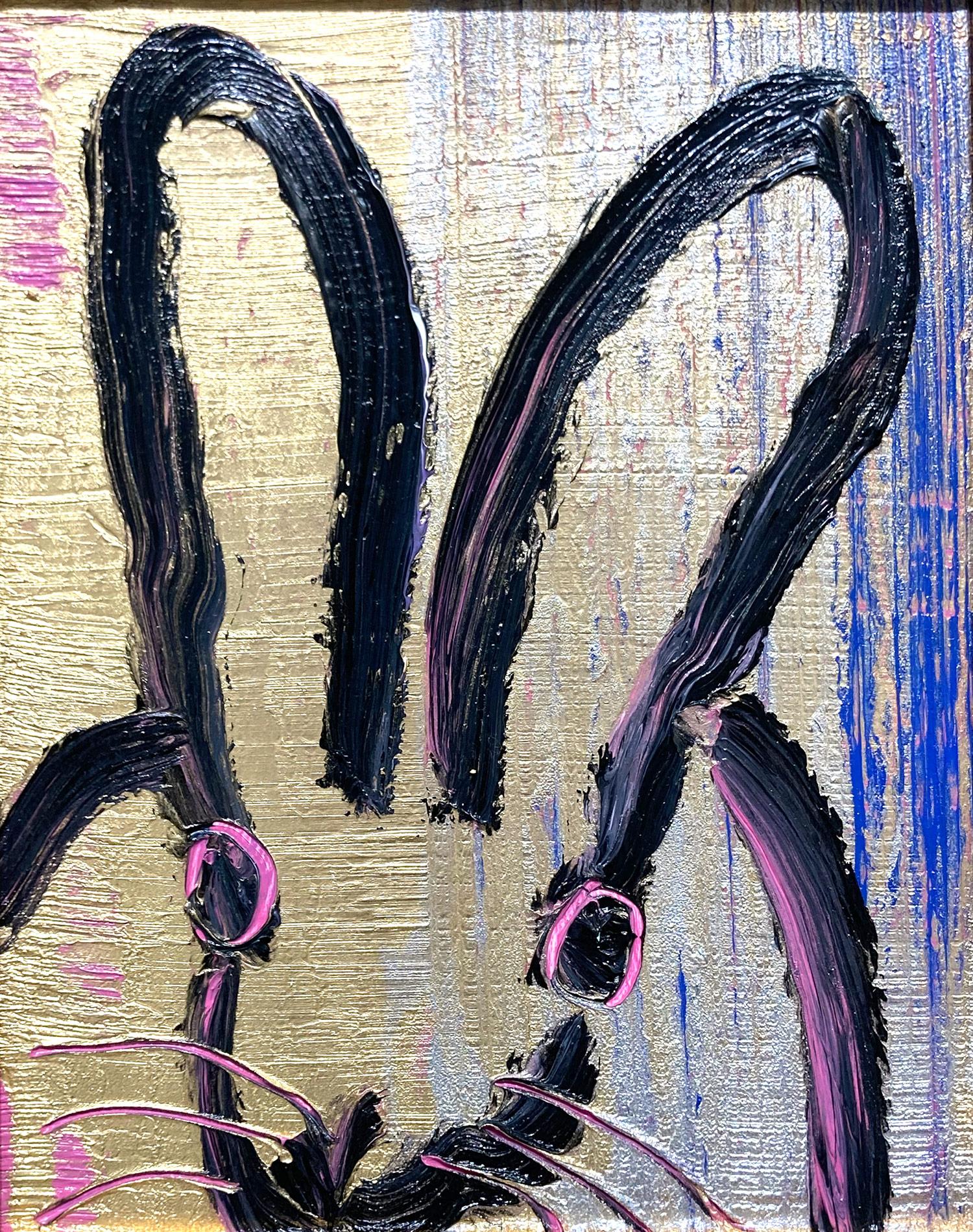 A wonderful composition of one of Slonem's most iconic subjects, Bunnies. This piece depicts a gestural figure of a black bunny on a multicolor metallic background with thick use of paint. Inspired by nature and a genuine love for animals, Slonem's